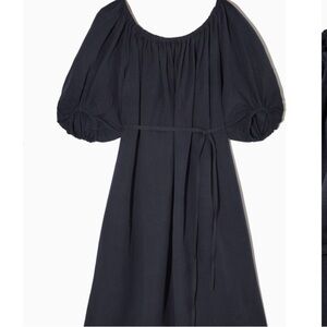 COS Navy Linen Blend Puff Sleeve Dress- 2